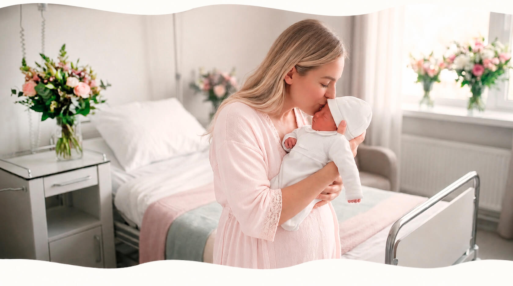Mãe carinhosa com recém-nascido em quarto de maternidade, ambos com roupa confortável.