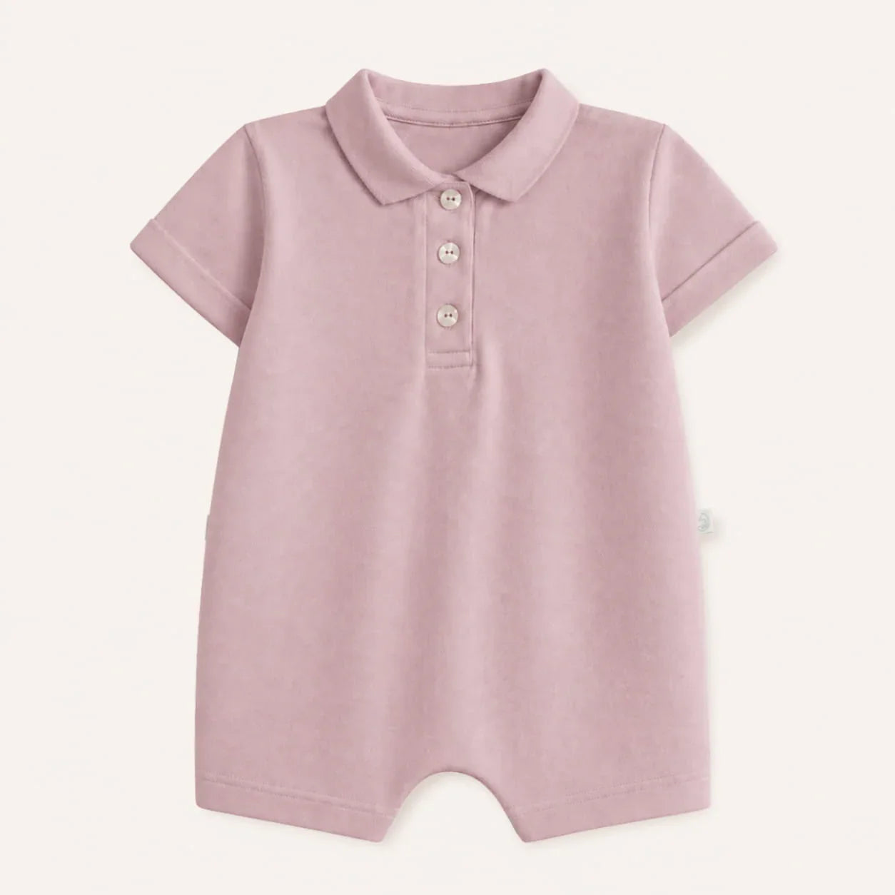 Macacão de bebê em algodão piquet rosa velho com gola polo e botões