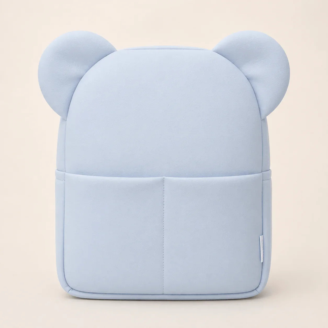 Mochila infantil azul claro para creche com orelhas decorativas e bolso frontal