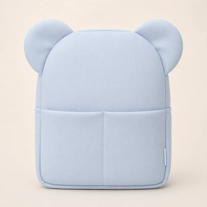 Mochila infantil azul claro para creche com orelhas decorativas e bolso frontal