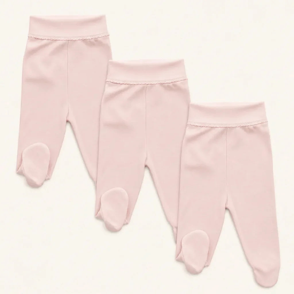 3 calças com pés rosa em algodão suave sem elástico na cintura 
