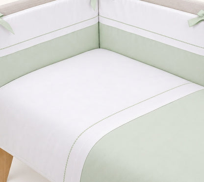 Edredão e resguardo em piquet algodão para berço,  cama de grades 120x60 ou 140x60, branco e verde com bordado em losangos verdes