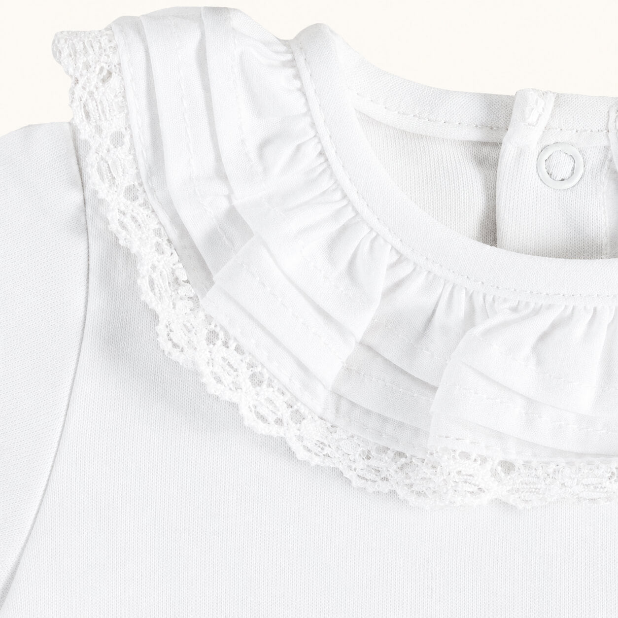 Pormenor de gola candy branco da camisola e do body, em popeline branca e renda branca