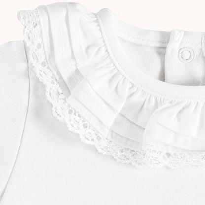Pormenor de gola candy branco da camisola e do body, em popeline branca e renda branca