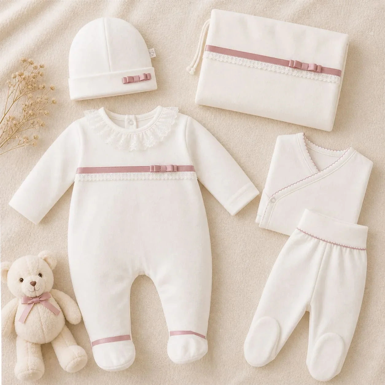 Conjunto de roupa de bebê em algodão bege com detalhes rosa, incluindo body, calça, touca e manta.