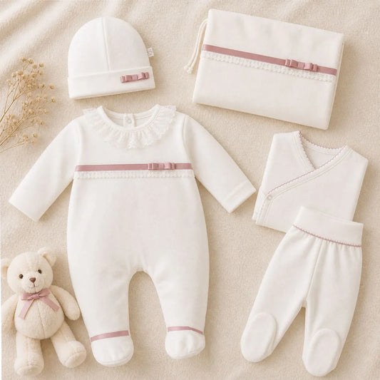Conjunto de roupa de bebê em algodão bege com detalhes rosa, incluindo body, calça, touca e manta.