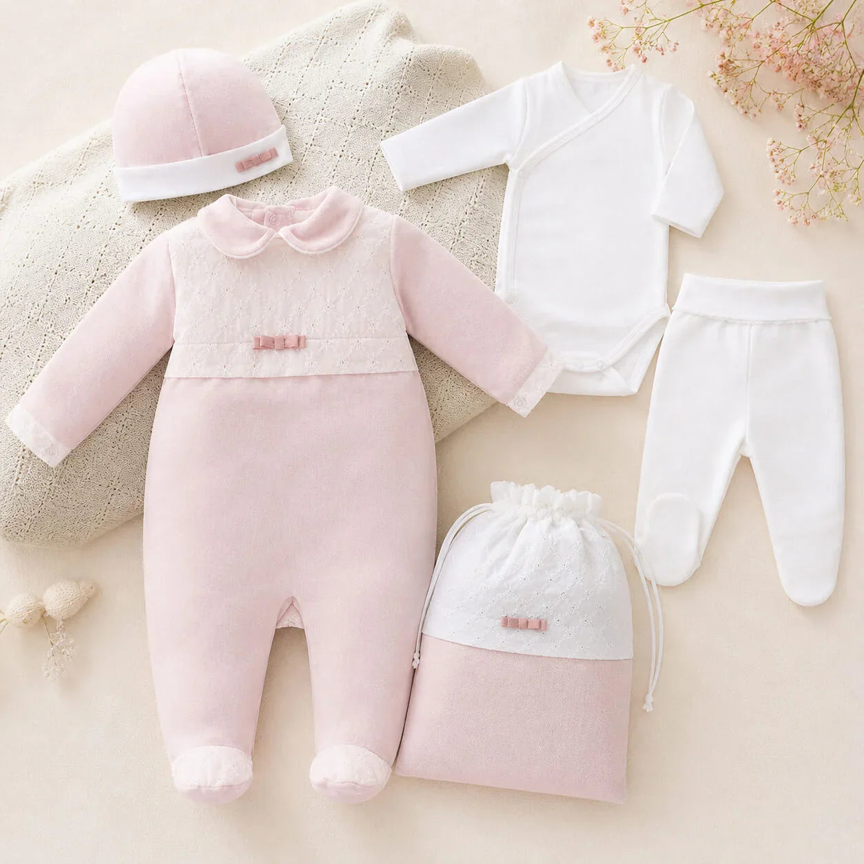 Enxoval de bebé com macacão rosa, gorro, body e calça brancos, bolsa e manta delicadas.
