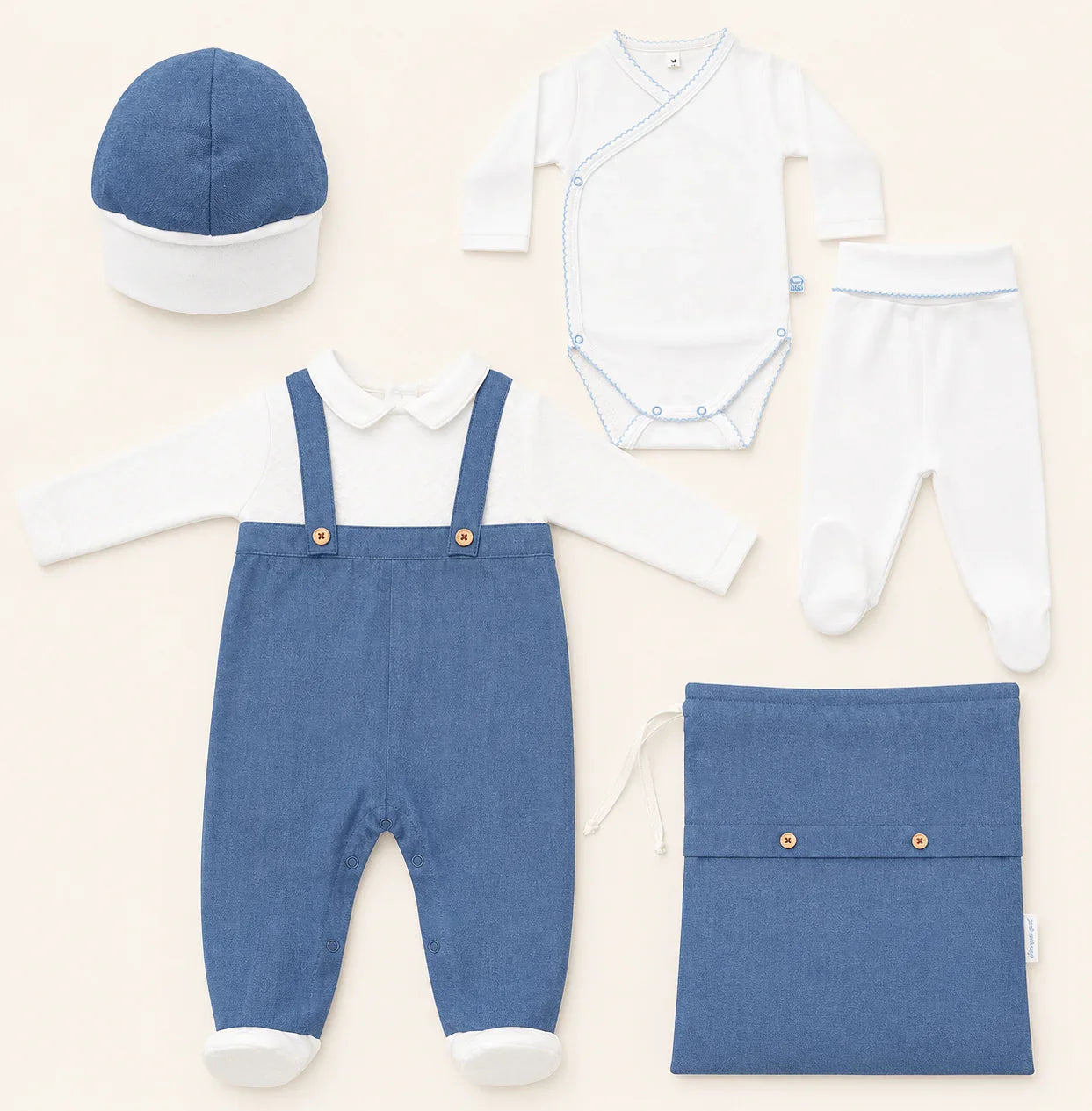 Conjunto de enxoval para bebê azul e branco com body, calça, macacão, gorro e saco.