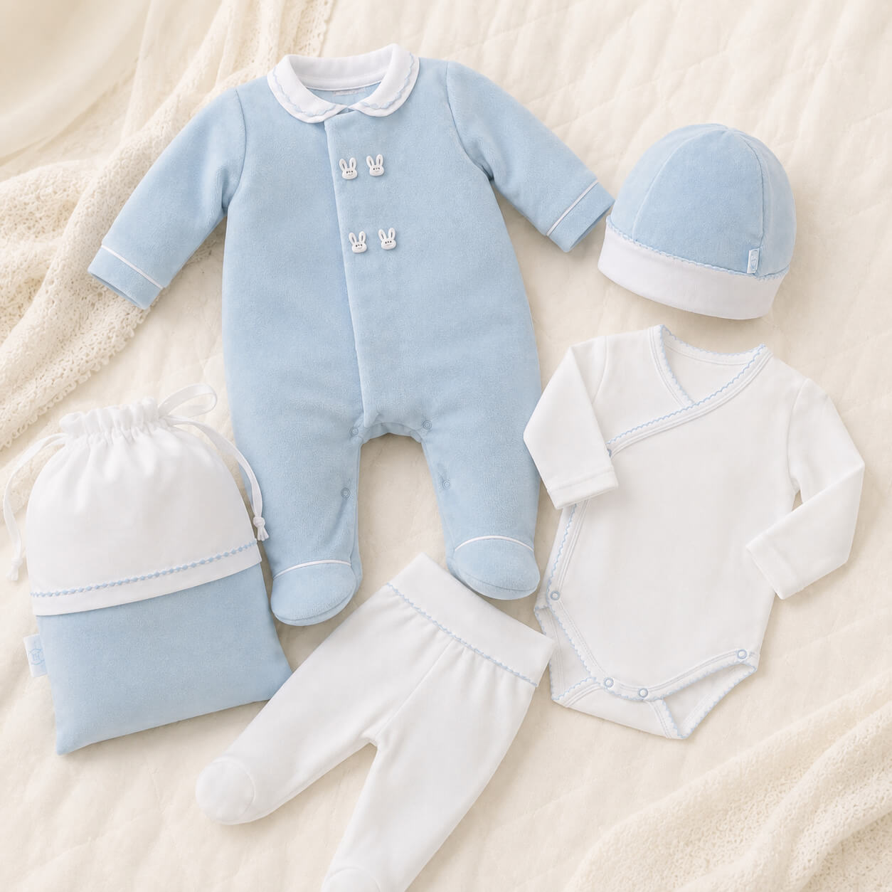 Conjunto de primeira roupa para recém-nascido composto por babygrow, gorro, body cruzado, calça com pés e saquinho para guardar tudo.