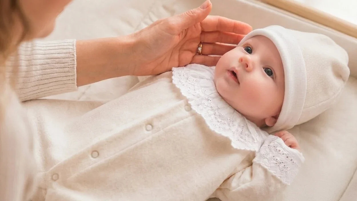 Bebé recém-nascido com babygrow creme e gorro em algodão - Coleção Roupa de Bebé dos 00M aos 24M Pim-Pam-Pum Baby
