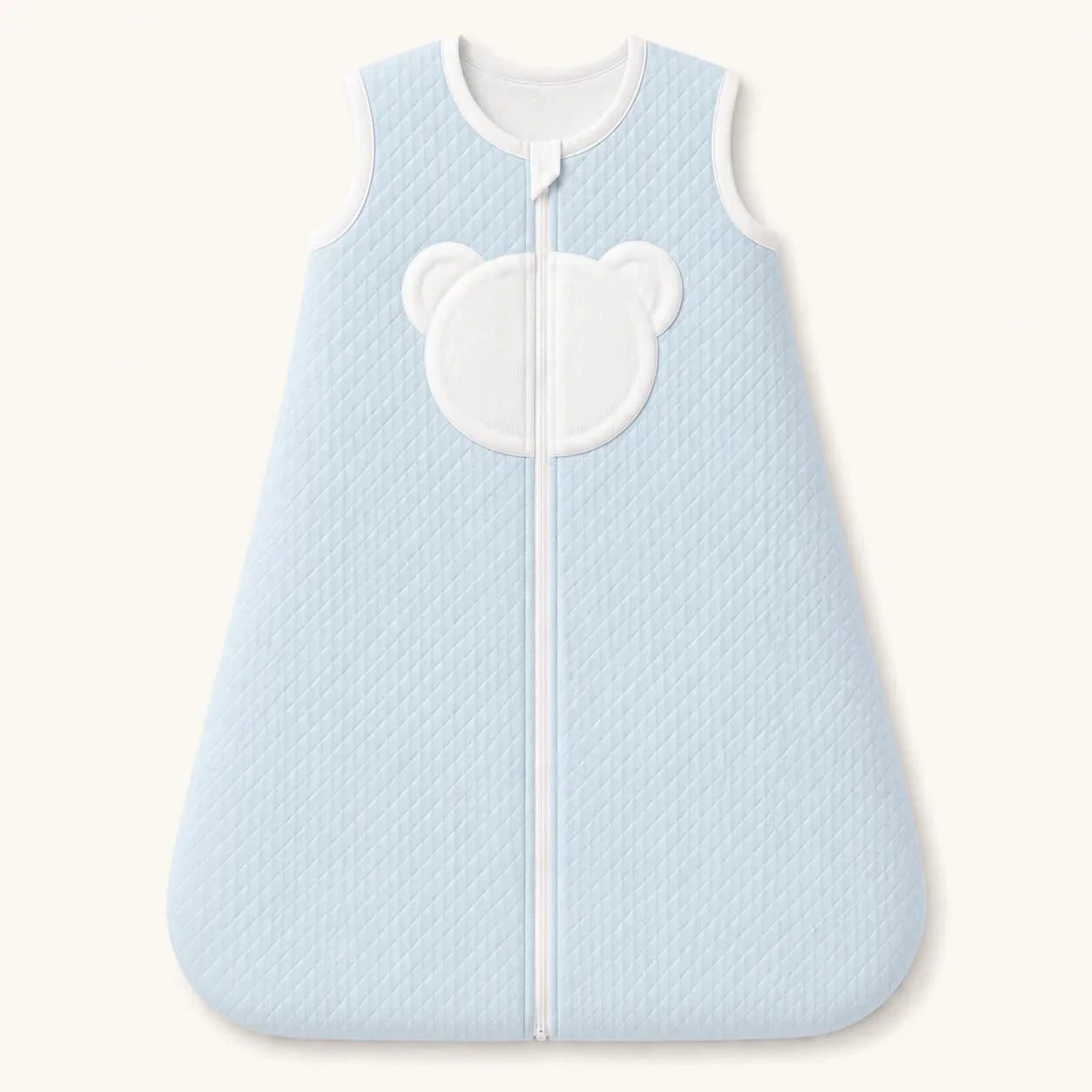 Saco de dormir com TOG 2 sem mangas azul para bebé , em malha losango azul e forrado a malha macia interlock branco com cara de ursinho no peito.