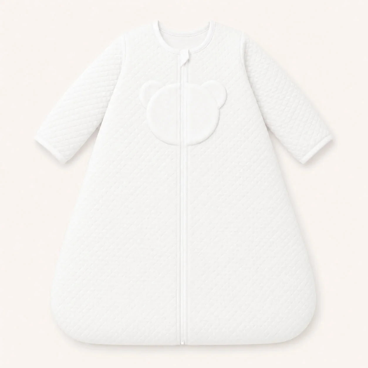 Saco de dormir com mangas para bebé em branco, malha losango acolchoado e forrado a malha interlock branca algodão, TOG 3, perfeito para tempo frio