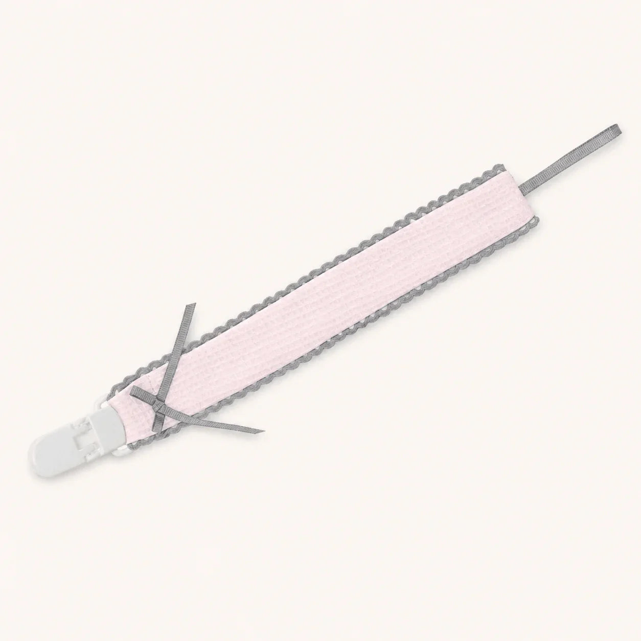 Suporte de chupeta rosa com fita cinza, ideal para bebé recém-nascido