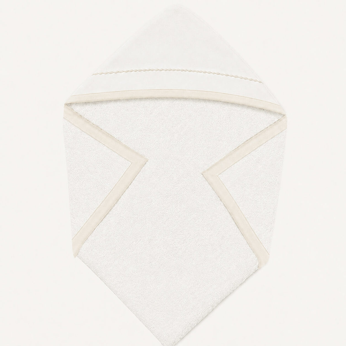 Toalha de banho com capuz para bebé 80x80 cm e 100x100. Felpo algodão branco com barras bege e bordado no capuz 