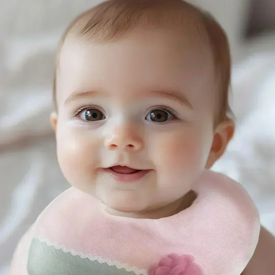 bebê sorrindo usando babete malha rosa com detalhe floral, enxoval confortável para recém-nascidos