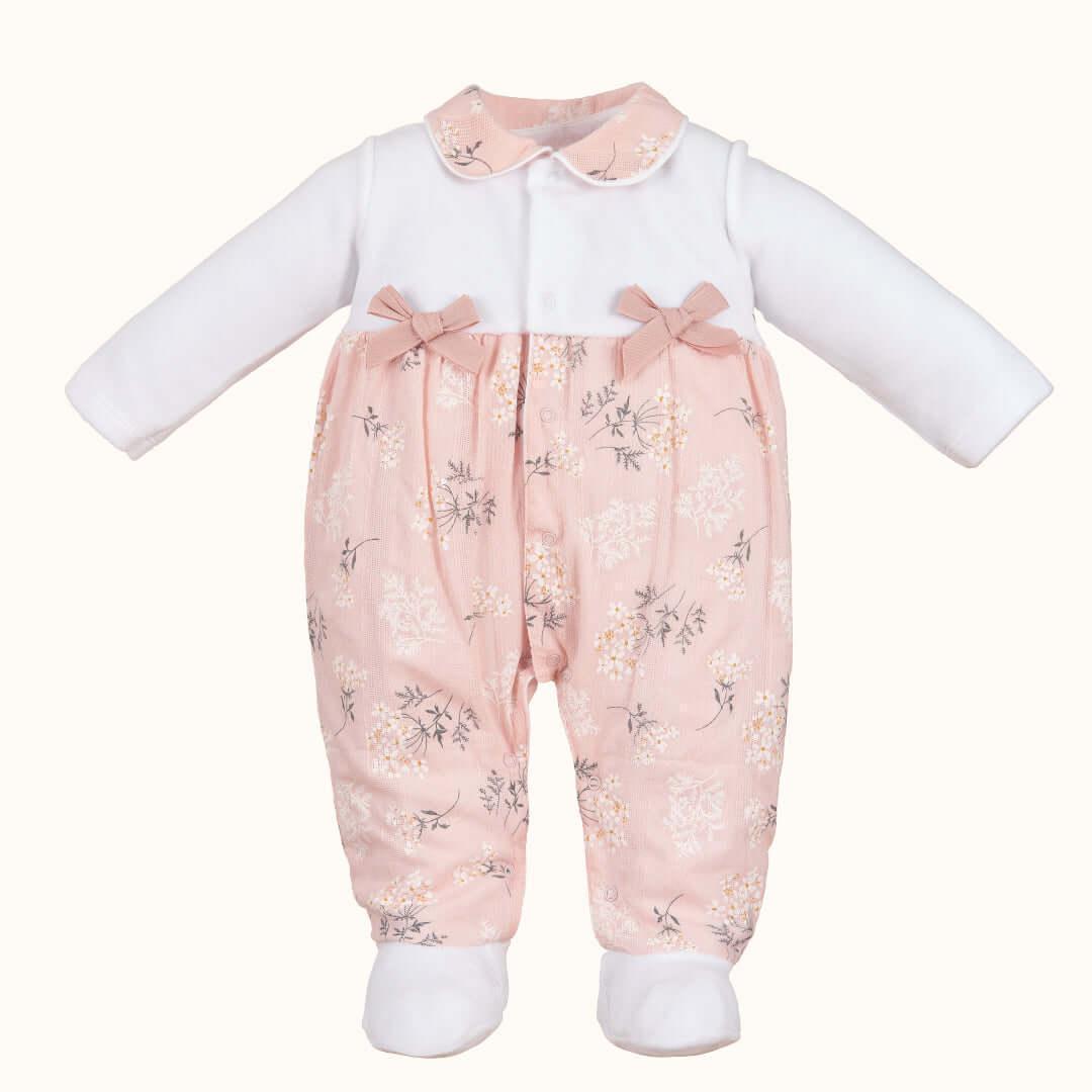 Babygrow rosa floral com gola Peter Pan e laços, roupa de bebé confortável, manga comprida.