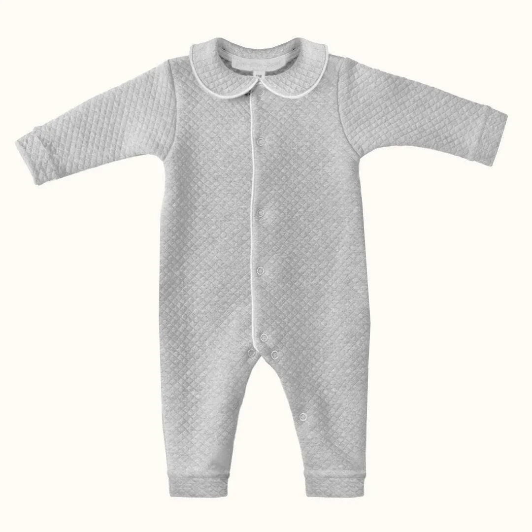 Babygrow cinza sem pés, manga longa, malha diamantada, ideal para recém-nascidos