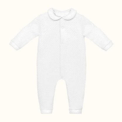 babygrow branco sem pés, manga longa, malha texturizada, gola redonda, roupa de bebé confortável