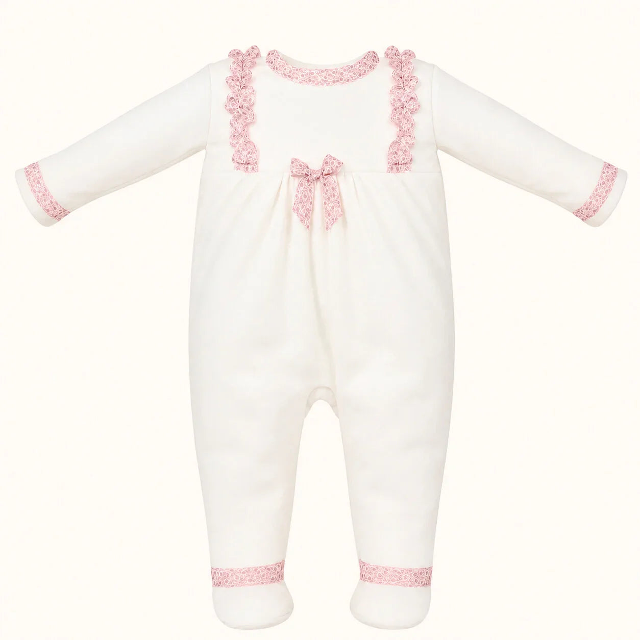babygrow branco de malha com detalhes rendados rosa e laço para recém-nascido