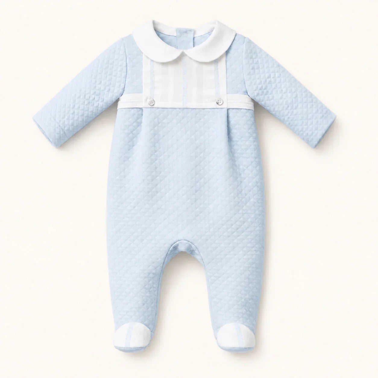 babygrow azul de manga comprida para bebé, com colarinho branco e detalhes texturizados
