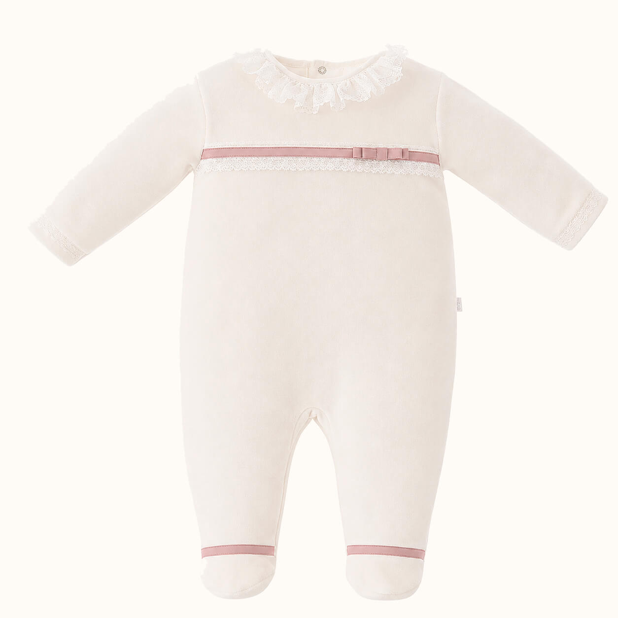 babygrow bege romântico de manga comprida com gola de renda e detalhes rosa velho para bebê