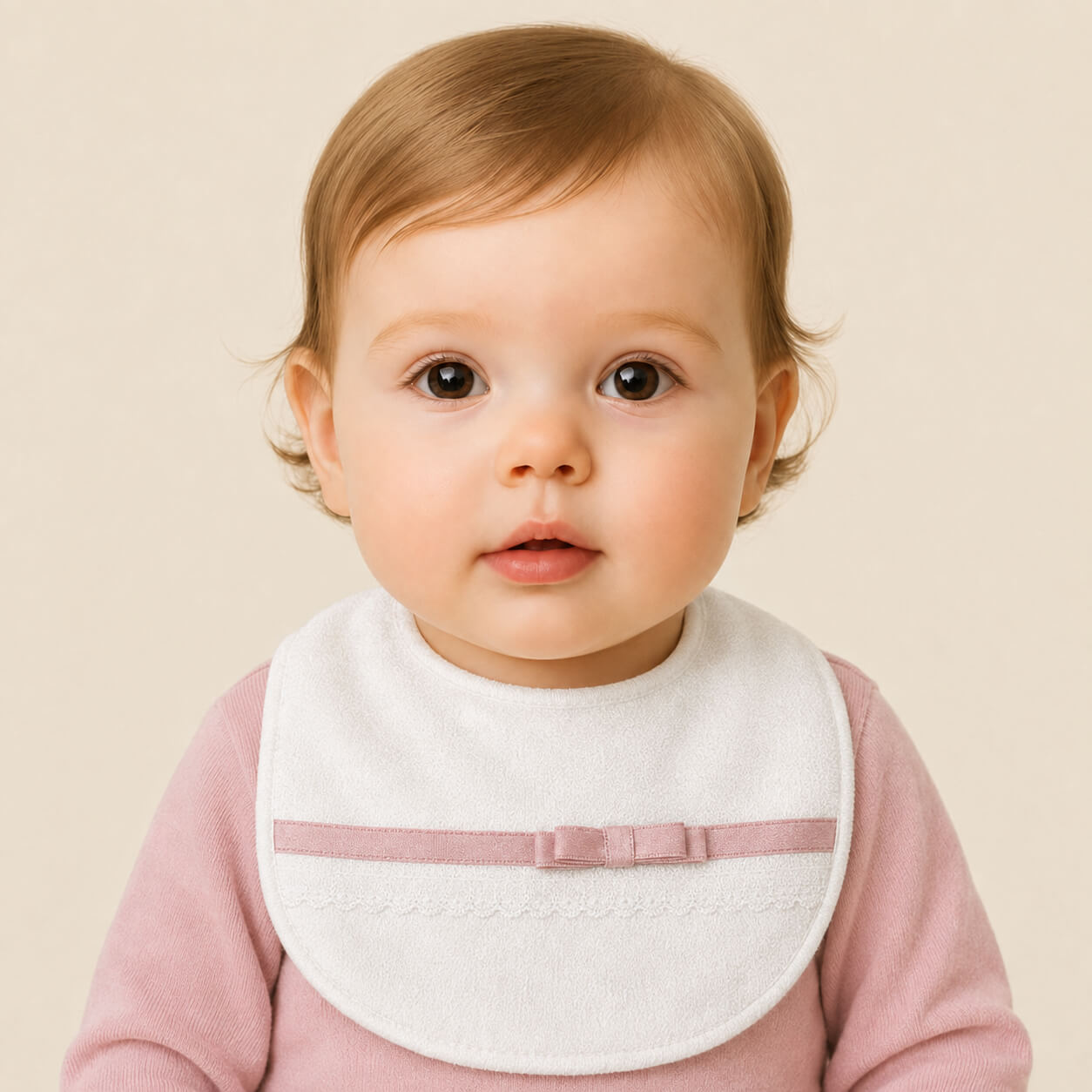 bebé com babete malha algodão bege com fita e laço rosa velho, super confortável e seguro para bebé