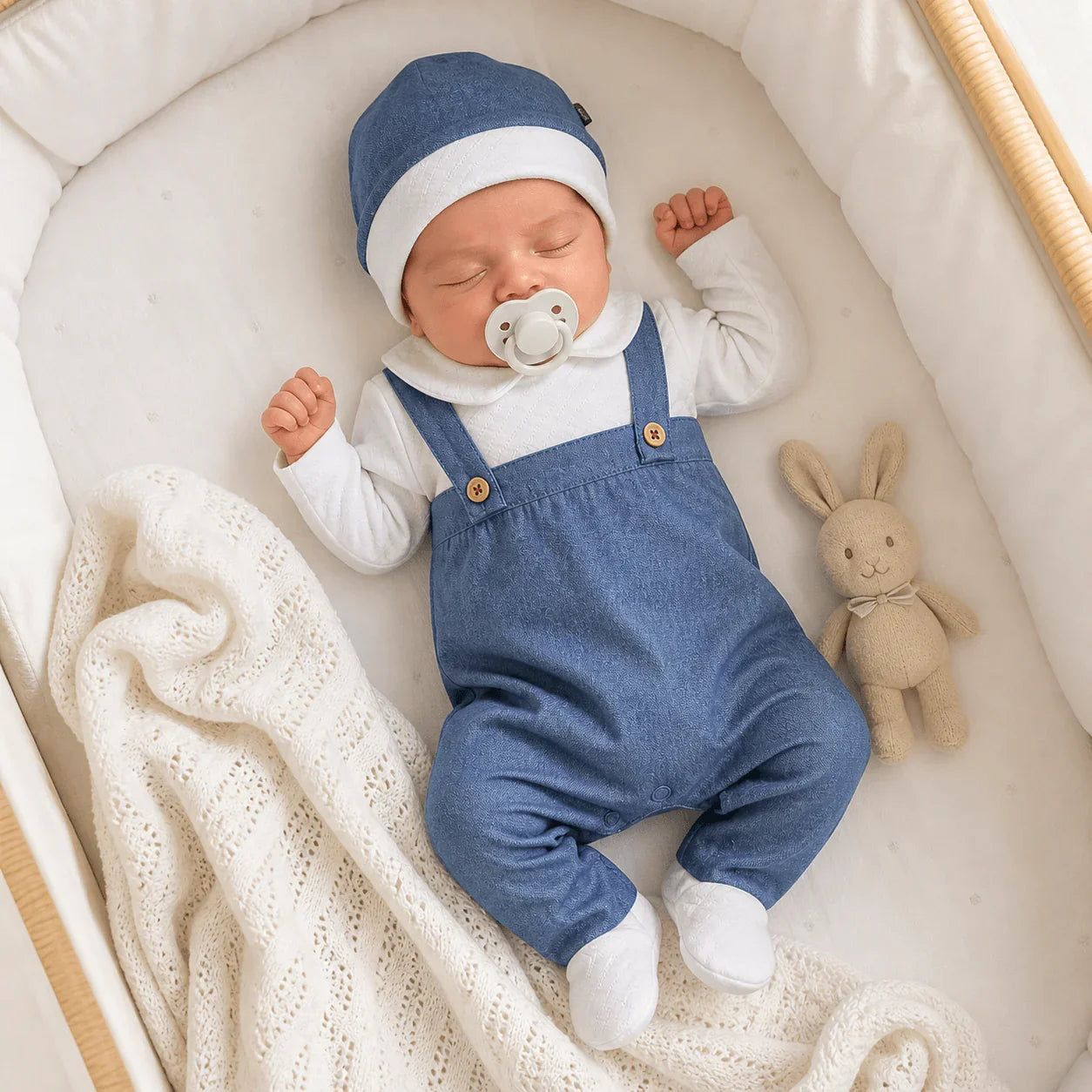 Bebé dormindo em berço, vestindo babygrow azul e gorro, ao lado de coelho de pelúcia.