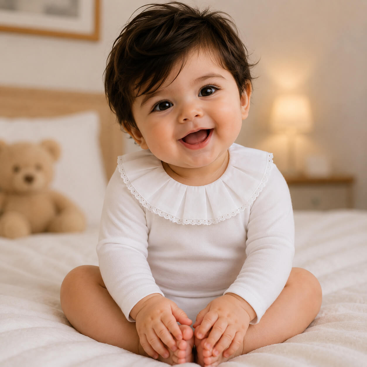 Bebe sorridente com body classic branco com gola em bordado inglês, manga comprida, tudo em algodão