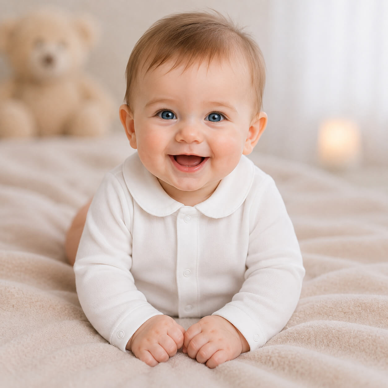 Bebe sorridente com body basico branco com gola redonda, manga comprida, tudo em algodão