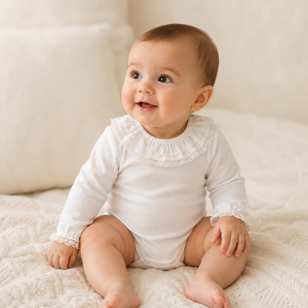 Bebé vestido com um body com gola folho e renda candy branco em malha algodão branco, sem etiquetas irritantes no decote e abrir de cima a baixo para facilitar a muda da roupa