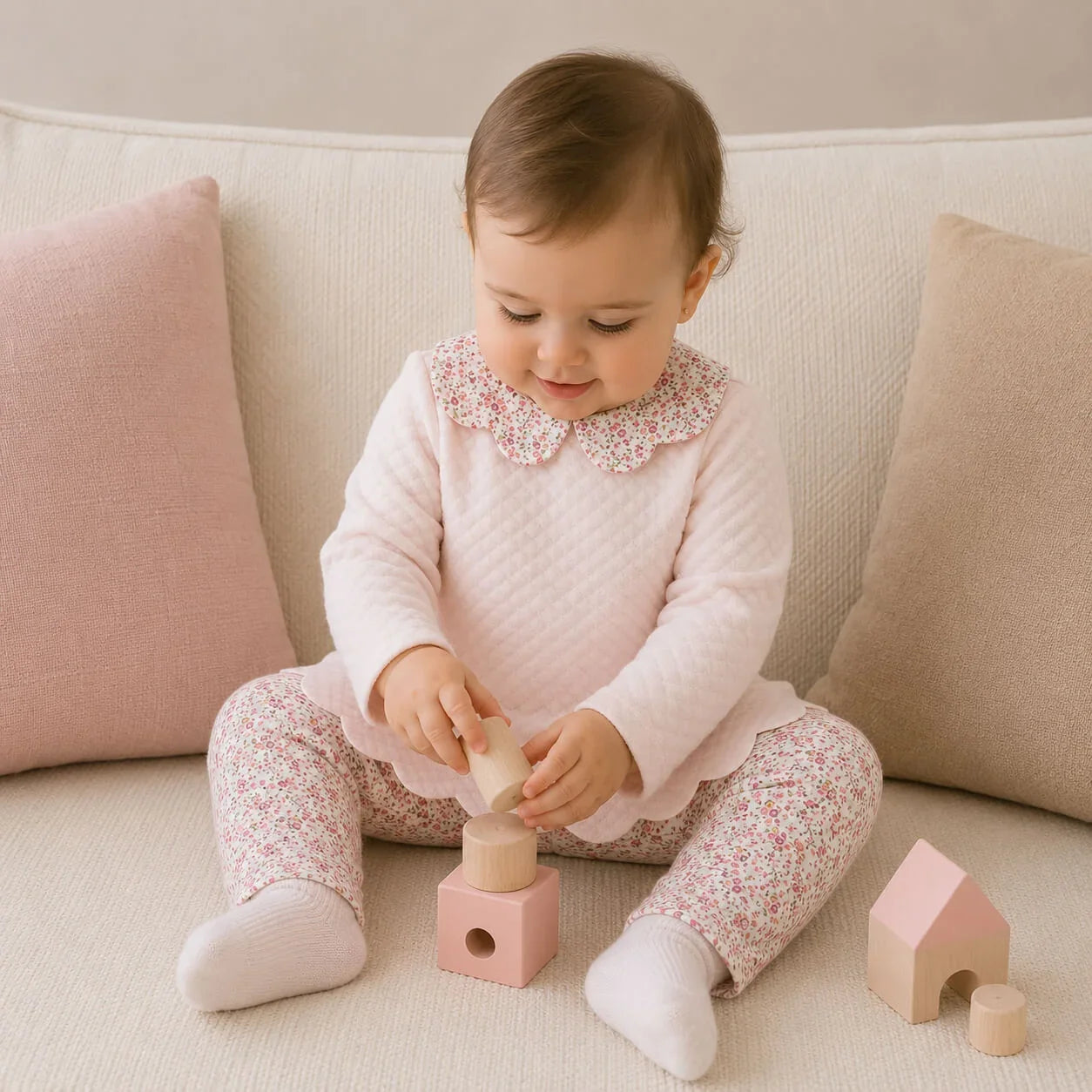 Bebê usando conjunto de 2 peças rosa com estampa floral, brincando com blocos de madeira