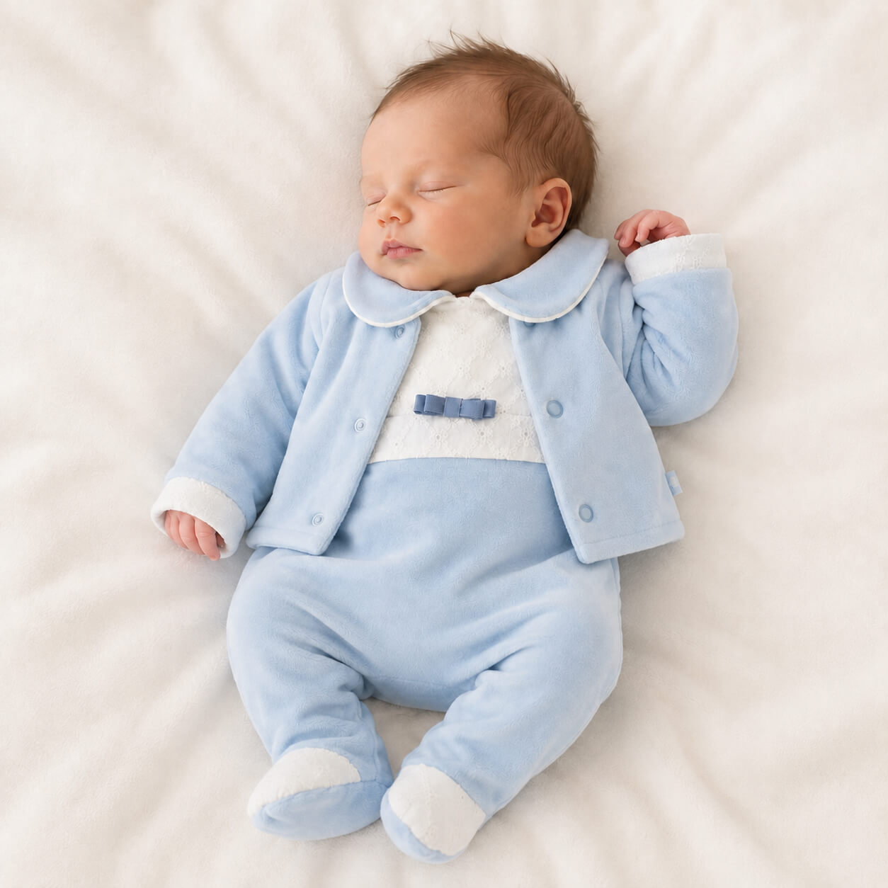 bebé a dormir vestido com babygrow e casaco azul, confortável e ideal para os primeiros meses.