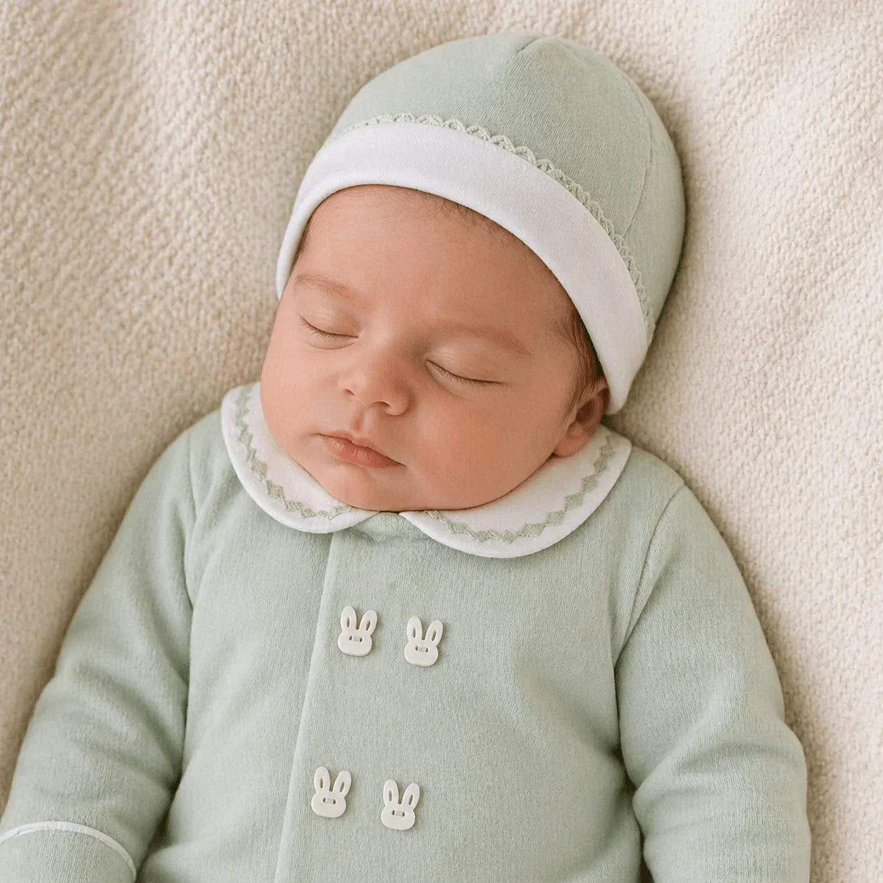 Bebé dormindo com babygrow verde claro e touca, roupa delicada para recém-nascido