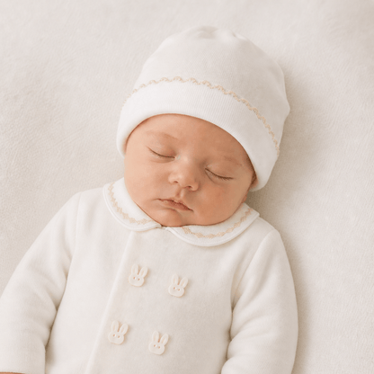 Recém-nascido dormindo em macacão e touca bege, roupa de bebê confortável e delicada.