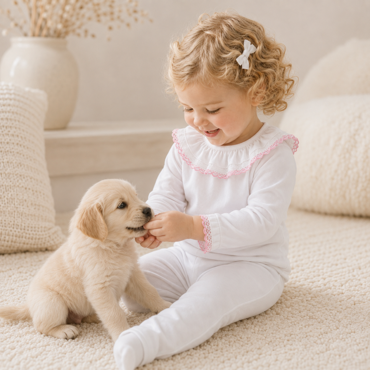 Bebé vestido com camisola com gola folho branco com renda rosa em malha algodão, a brincar com um cão