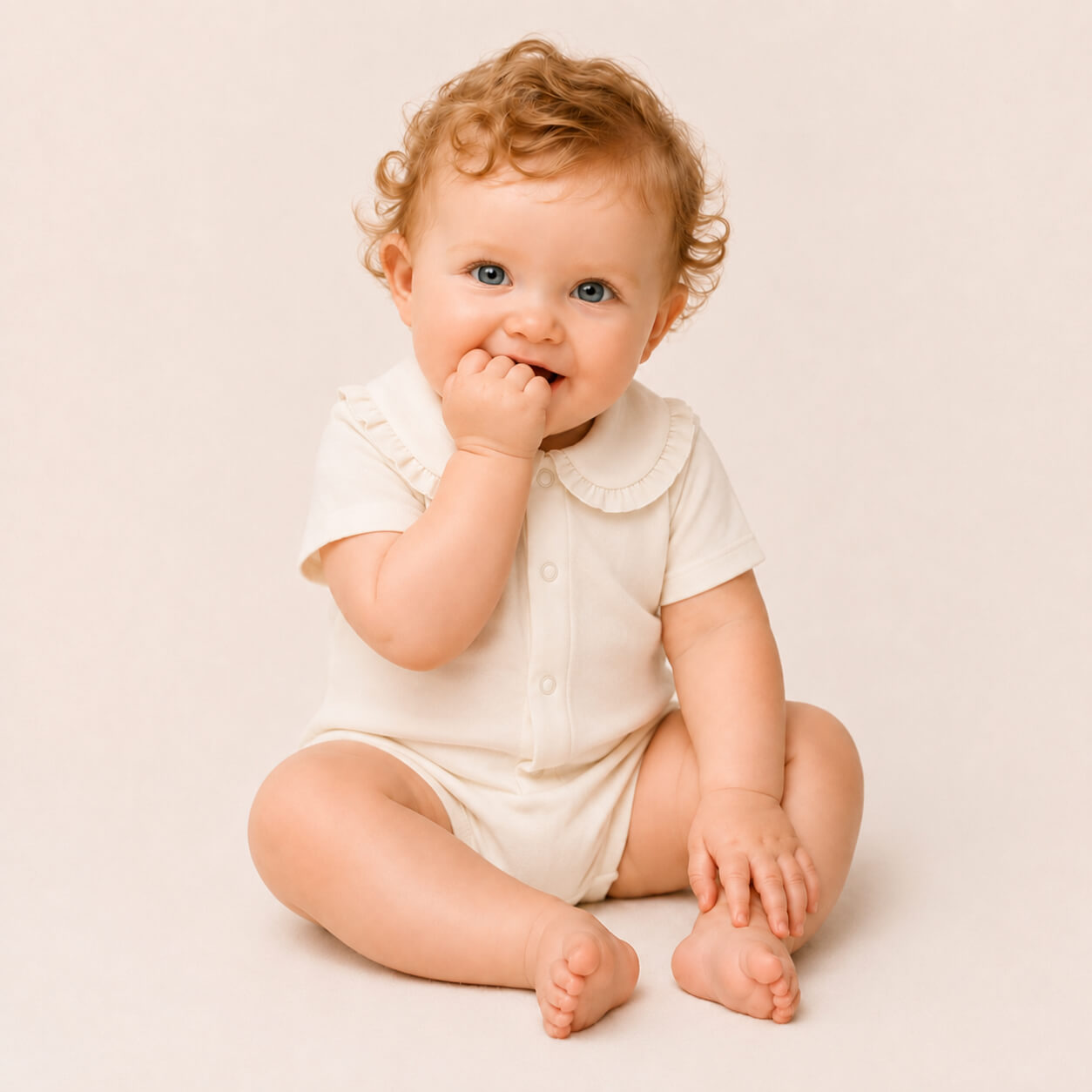 Bebé a brincar vestida com camisola de gola folho sweet bege, manga curta, 100% algodão macio e confortável para qualquer ocasião