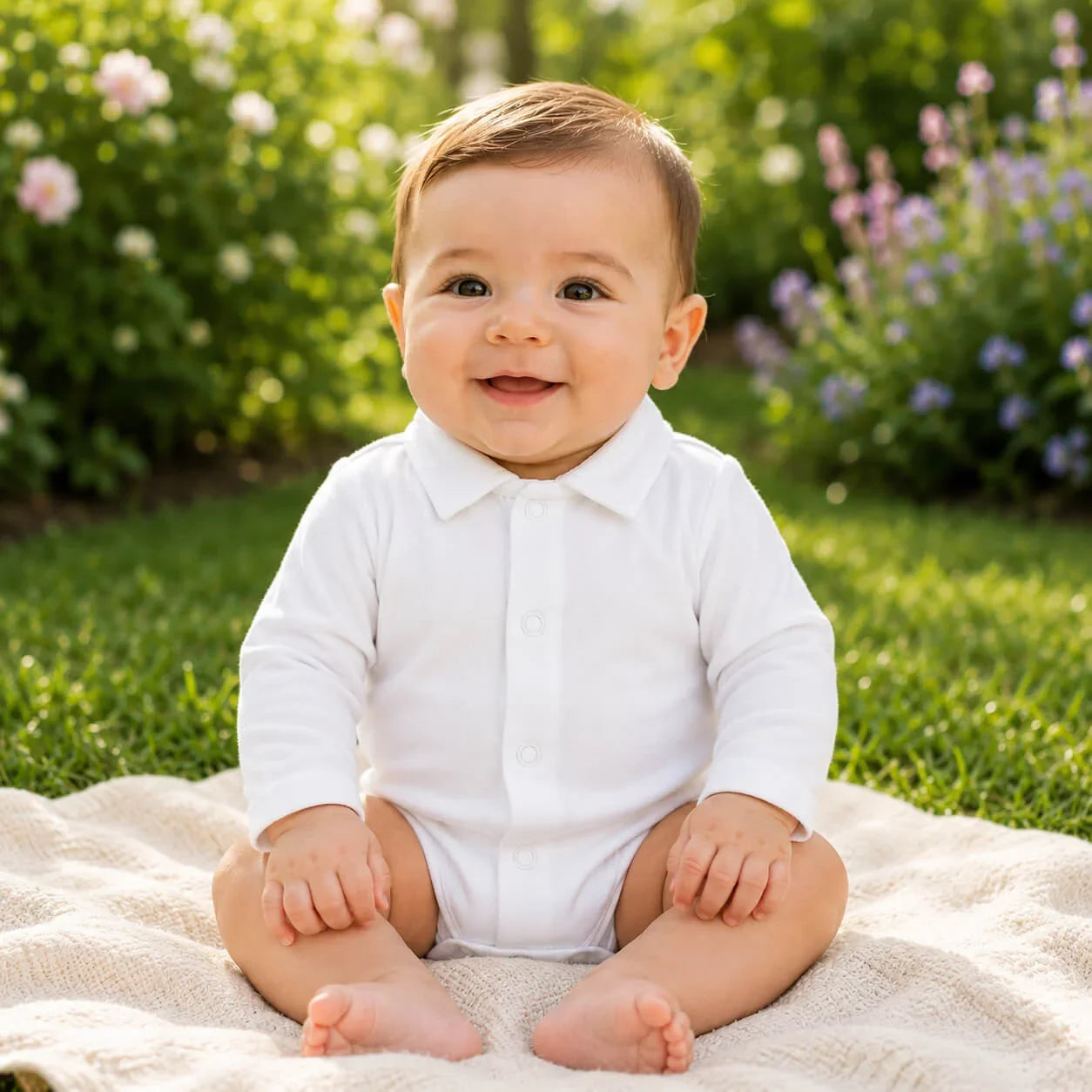 Bebé sorridente vestido com body tipo camisa branco algodão confortável, sentado na grama com flores ao fundo