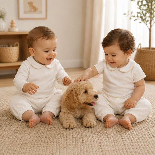 Bebés a brincar com cão, felizes vestidos com body gola algodão, um de manga curta e outro manga comprida.