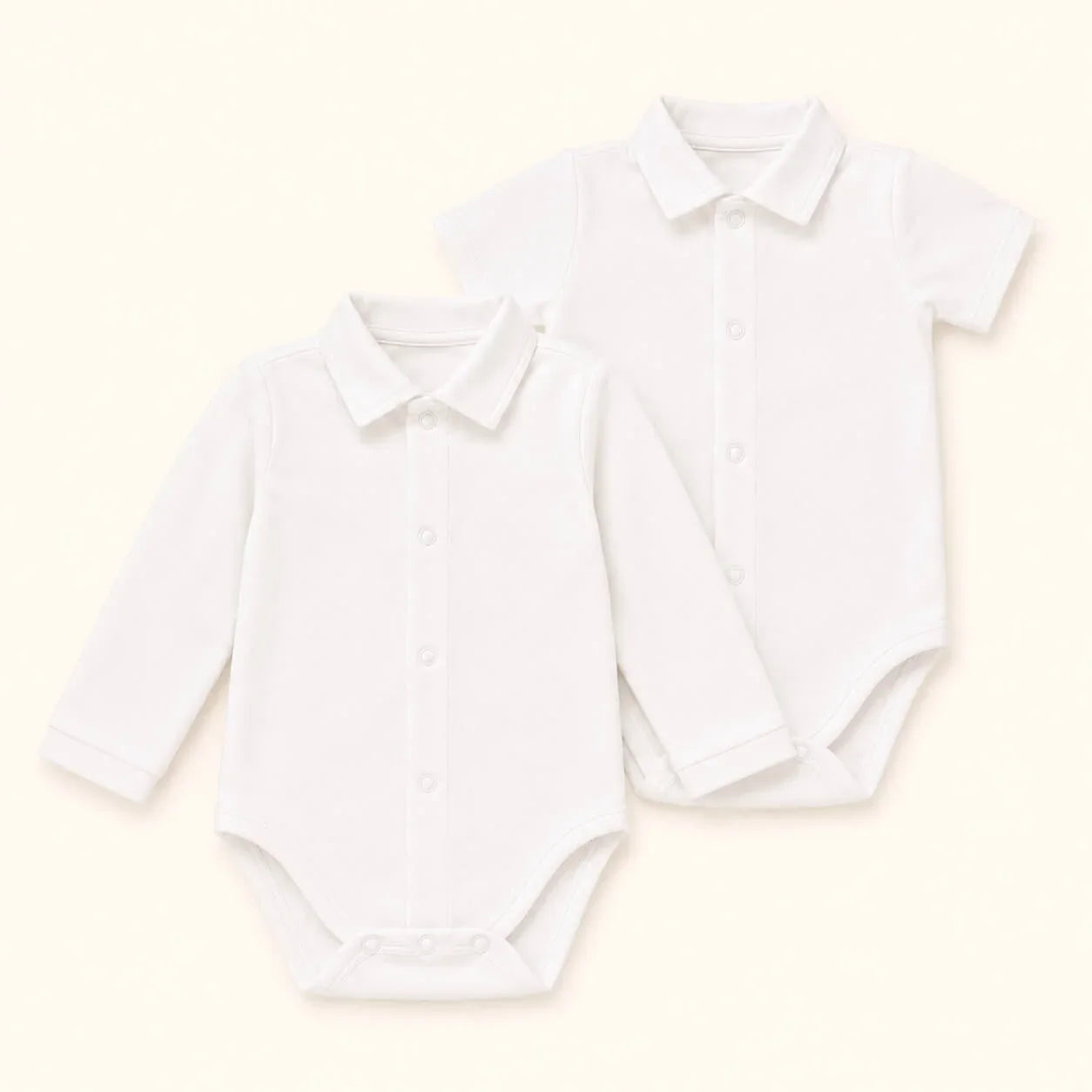 2 bodys para bebé em branco com gola de camisa branco, um manga curta e outro em comprida, para bebés dos 1 mês aos 24 meses