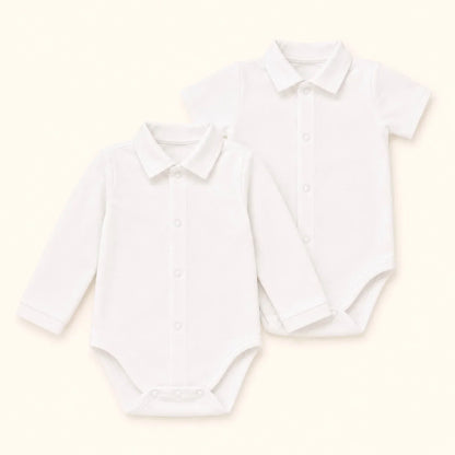 2 bodys para bebé em branco com gola de camisa branco, um manga curta e outro em comprida, para bebés dos 1 mês aos 24 meses