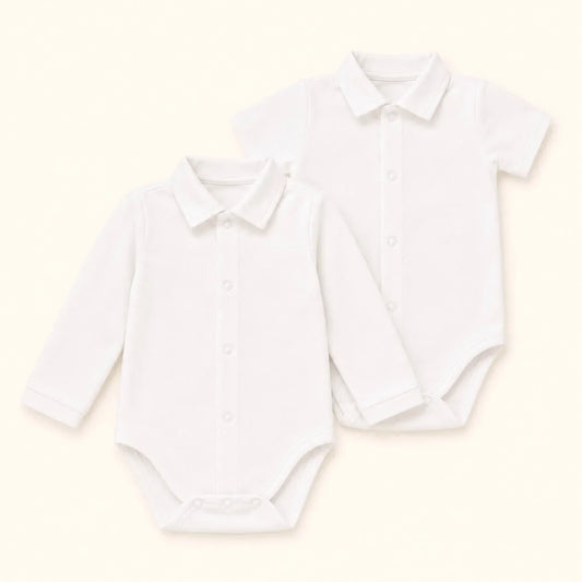 2 bodys para bebé em branco com gola de camisa branco, um manga curta e outro em comprida, para bebés dos 1 mês aos 24 meses