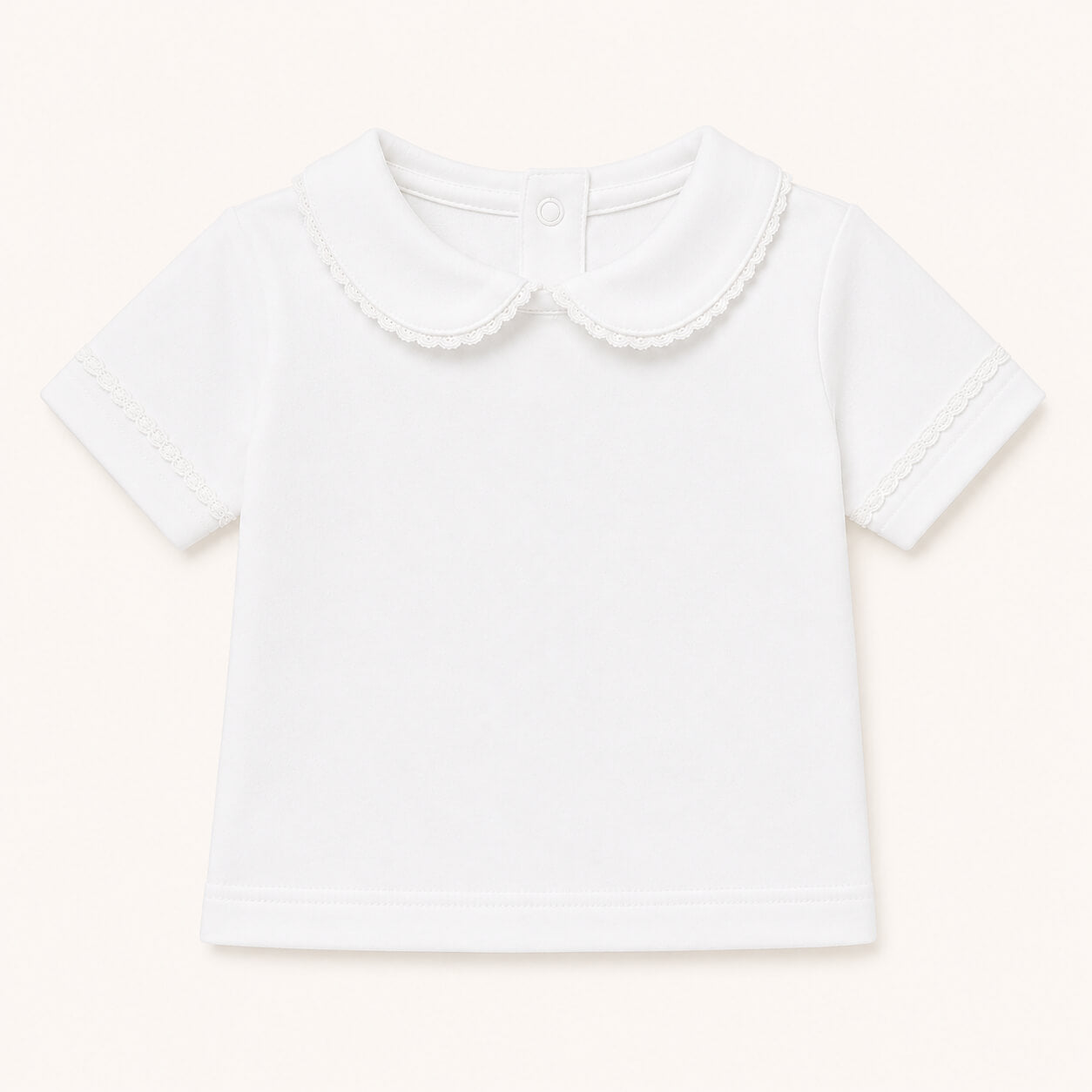Camisola de gola para bebés dos 12 meses aos 48 meses, manga curta e malha algodão com golinha com renda