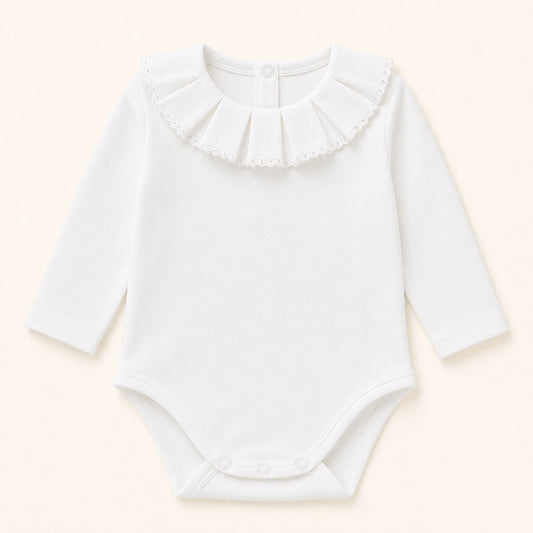 body de gola classic branco com gola em bordado inglês, manga comprida, tudo em algodão