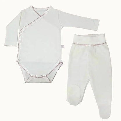 Conjunto de body e calça bebê bege com detalhes rosa velho, algodão confortável.