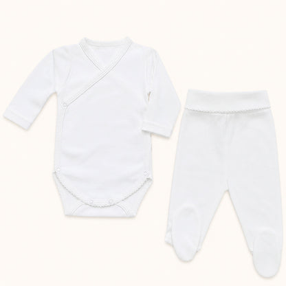 Conjunto de body e calça branco em algodão para bebê, manga longa, confortável.