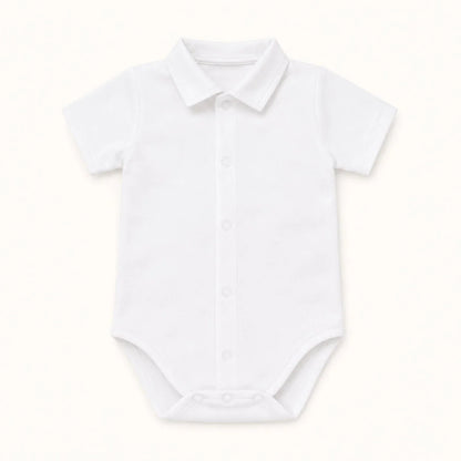 Body branco para bebé com gola e molas frontais, roupa confortável e de qualidade para recém-nascidos