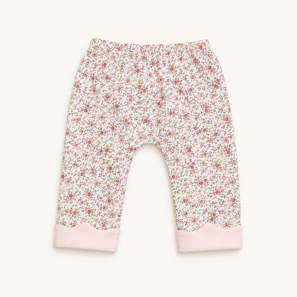 Calças de bebé com estampa floral e punhos rosa, confortáveis e macias para recém-nascidos