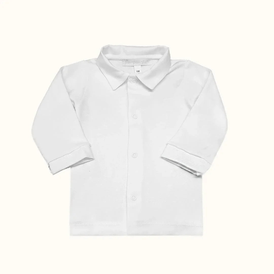 camisola branca básica de manga comprida para menino, detalhe gola, roupa verão infantil