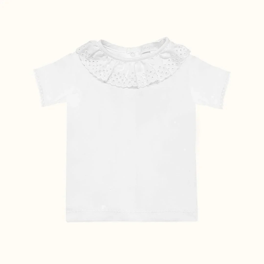 camisola de bebé branca de manga curta com gola rendada, ideal para verão