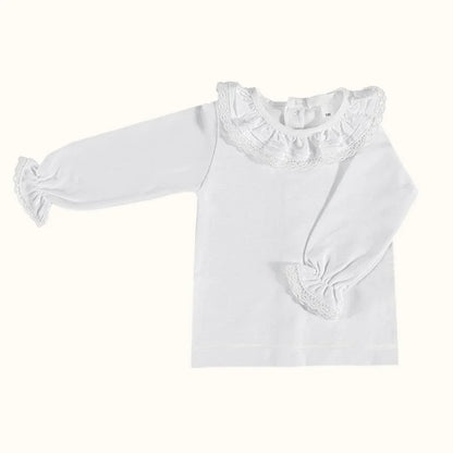 camisola de bebé branca com manga comprida e gola rendada, roupa infantil confortável